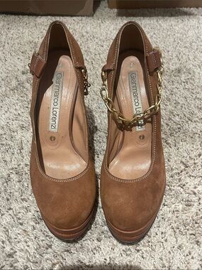 Gianmarco Lorenzi Chestnut Suede Chain-Ankle Pumps